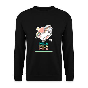 Mila Vorname Namensgeschenk Süßes Einhorn - Unisex Pullover - Schwarz - Vorne - Alina (178cm) & Michal (187cm)