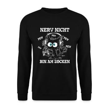 Nerv nicht bin am zocken Gamer Katze - Unisex Pullover - Schwarz - Vorne - Alina (178cm) & Michal (187cm)