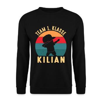 Einschulung Team 1. Klasse Kilian Schulstart - Unisex Pullover - Schwarz - Vorne - Alina (178cm) & Michal (187cm)