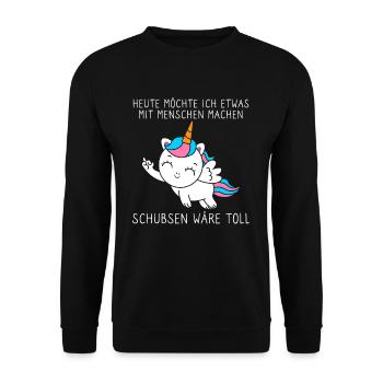 Ich möchte etwas mit Menschen machen Schubsen - Unisex Pullover - Schwarz - Vorne - Alina (178cm) & Michal (187cm)