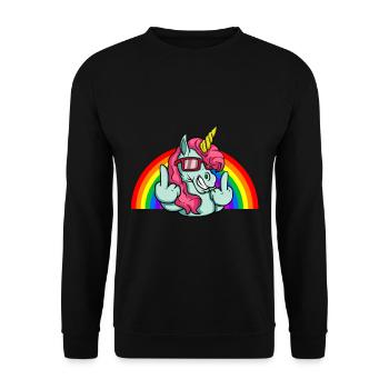 EInhorn mittelfinger ich könnt mich mal - Unisex Pullover - Schwarz - Vorne - Alina (178cm) & Michal (187cm)