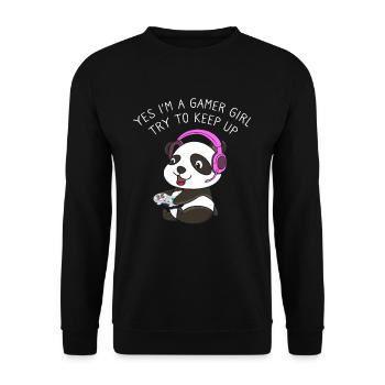 Gamer Girl Try To Keep Up Headset Gamer Panda - Unisex Pullover - Schwarz - Vorne - Alina (178cm) & Michal (187cm)
