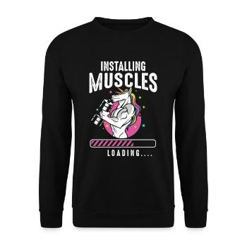 Installing Muscles Loading Fitness Workout Einhorn - Unisex Pullover - Schwarz - Vorne - Alina (178cm) & Michal (187cm)