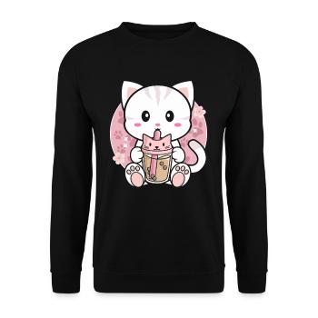 Katze Bubble Tea Süße Katze trinkt Bubble Tee - Unisex Pullover - Schwarz - Vorne - Alina (178cm) & Michal (187cm)