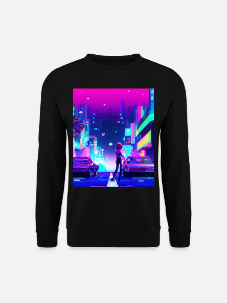 Vaporwave Aesthetic Synthwave City Anime Girl - Unisex Pullover - Schwarz