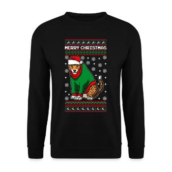 Leopard mit Ugly Christmas Sweater - Unisex Pullover - Schwarz - Vorne - Alina (178cm) & Michal (187cm)