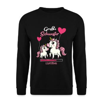 Große Schwester Loading Einhorn Luftballon - Unisex Pullover - Schwarz - Vorne - Alina (178cm) & Michal (187cm)