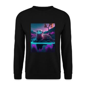 Cool Sea Otter Design Synthwave Wandering Otter - Unisex Pullover - Schwarz - Vorne - Alina (178cm) & Michal (187cm)