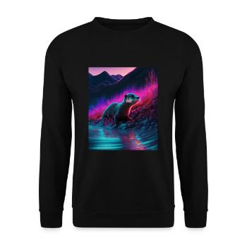 Cool Sea Otter Design Synthwave Wandering Otter - Unisex Pullover - Schwarz - Vorne - Alina (178cm) & Michal (187cm)