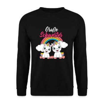 Große Schwester Einhorn Regenbogen Babyparty - Unisex Pullover - Schwarz - Vorne - Alina (178cm) & Michal (187cm)