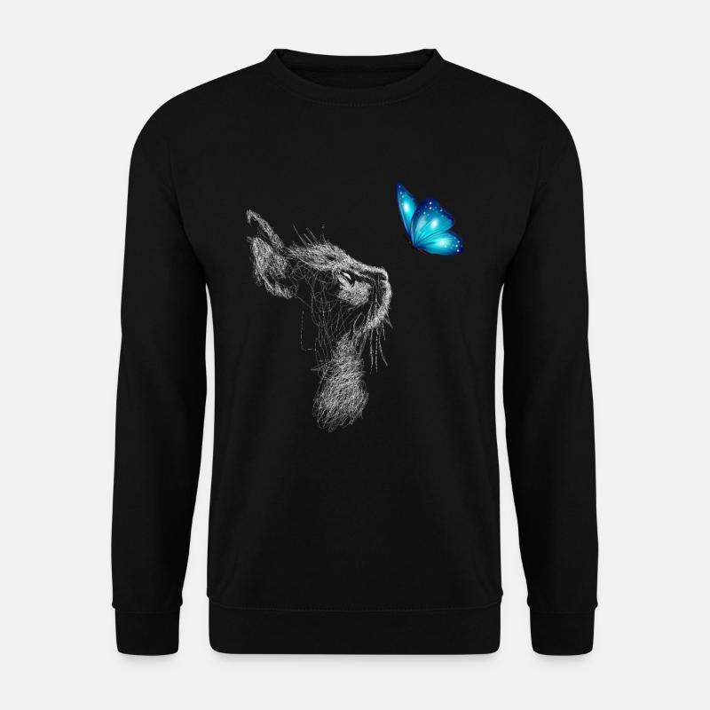 Cat Line Art With Butterfly Cat Drawing Cat - Unisex Pullover - Schwarz