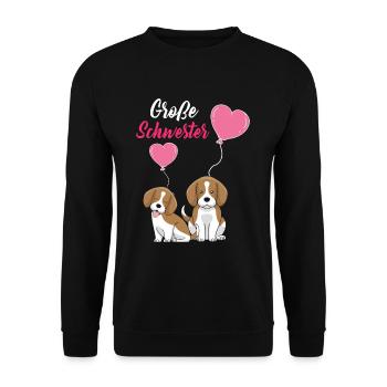 Große Schwester 2023 Hund Ballon Herz - Unisex Pullover - Schwarz - Vorne - Alina (178cm) & Michal (187cm)