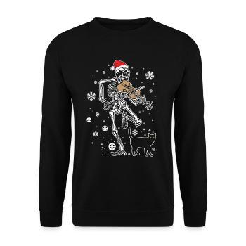 Skelett spielt Violine Katze Weihnachtsmütze - Unisex Pullover - Schwarz - Vorne - Alina (178cm) & Michal (187cm)