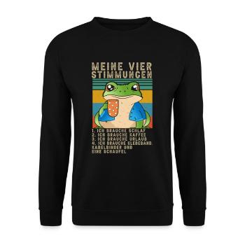 Frosch Meine Vier Stimmungen Schlaf Kaffee Spruch - Unisex Pullover - Schwarz - Vorne - Alina (178cm) & Michal (187cm)