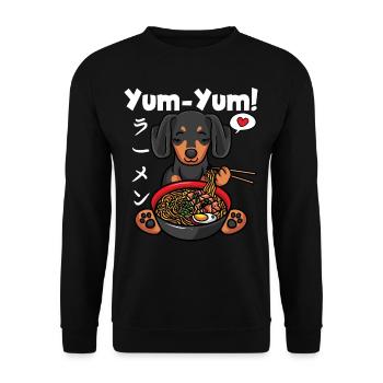 Yum Yum Japan Anime Ramen Nudel Dackel - Unisex Pullover - Schwarz - Vorne - Alina (178cm) & Michal (187cm)
