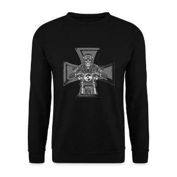 Biker Kreuz Motorrad Emblem Motorradfahrer Skelett - Unisex Pullover - Schwarz - Vorne - Alina (178cm) & Michal (187cm)