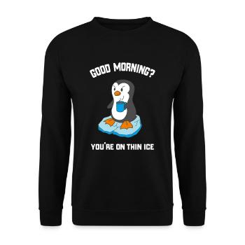 Funny Good Morning Penguin with Coffee - Unisex Sweatshirt - black - Front - Alina (178cm) & Michal (187cm)