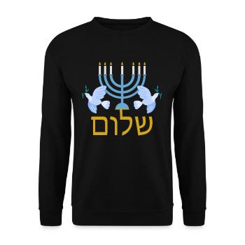 Hebrew Shalom Jewish Menorah for Peace - Unisex Sweatshirt - black - Front - Alina (178cm) & Michal (187cm)