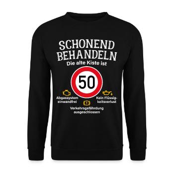 50. Geburtstag Schonend Behandeln Alte Kiste 50 - Unisex Pullover - Schwarz - Vorne - Alina (178cm) & Michal (187cm)
