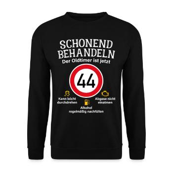 44. Geburtstag Schonend Behandeln Oldtimer Ist 44 - Unisex Pullover - Schwarz - Vorne - Alina (178cm) & Michal (187cm)