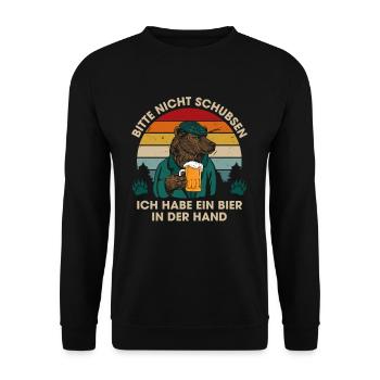 Bitte Nicht Schubsen Ich Habe Bier In Der Hand - Unisex Pullover - Schwarz - Vorne - Alina (178cm) & Michal (187cm)