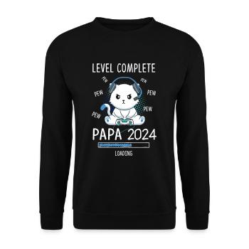 Level Complete PAPA 2023 Loading Gaming Cat - Unisex Pullover - Schwarz - Vorne - Alina (178cm) & Michal (187cm)