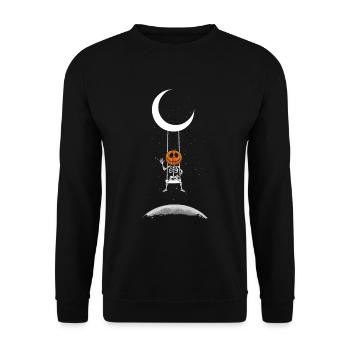 Kürbis Skelett auf Mond Schaukel Halloween Kostüm - Unisex Pullover - Schwarz - Vorne - Alina (178cm) & Michal (187cm)