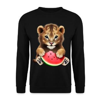 Baby Löwe frisst Wassermelone - Unisex Pullover - Schwarz - Vorne - Alina (178cm) & Michal (187cm)