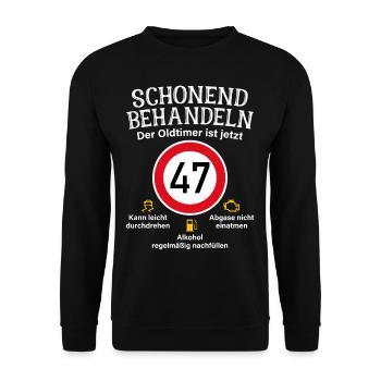47. Geburtstag Schonend Behandeln Oldtimer Ist 47 - Unisex Pullover - Schwarz - Vorne - Alina (178cm) & Michal (187cm)