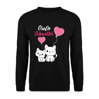 Große Schwester 2023 Katzen Ballon Herz - Unisex Pullover - Schwarz - Vorne - Alina (178cm) & Michal (187cm)