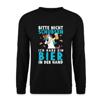 Bitte Nicht Schubsen Ich Habe Bier In Der Hand - Unisex Pullover - Schwarz - Vorne - Alina (178cm) & Michal (187cm)