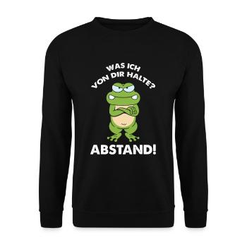 Frosch Kaffee Was ich von dir halte Abstand - Unisex Pullover - Schwarz - Vorne - Alina (178cm) & Michal (187cm)