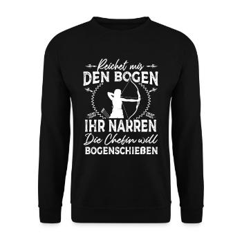 Reichet mir den Bogen Chefin will Bogenschießen - Unisex Pullover - Schwarz - Vorne - Alina (178cm) & Michal (187cm)