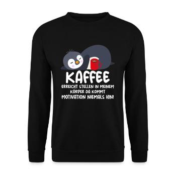 Kaffee erreicht Stellen Motivation Fauler Pinguin - Unisex Pullover - Schwarz - Vorne - Alina (178cm) & Michal (187cm)