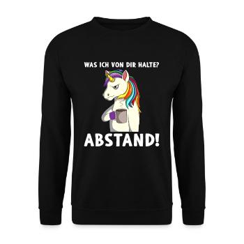 Einhorn Kaffee Was ich von dir halte Abstand - Unisex Pullover - Schwarz - Vorne - Alina (178cm) & Michal (187cm)