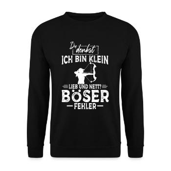 Du denkst ich bin klein lieb und nett Bogenschütze - Unisex Pullover - Schwarz - Vorne - Alina (178cm) & Michal (187cm)