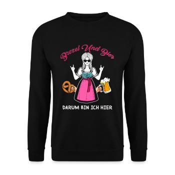 brezel und bier darum bin ich hier - Unisex Pullover - Schwarz - Vorne - Alina (178cm) & Michal (187cm)