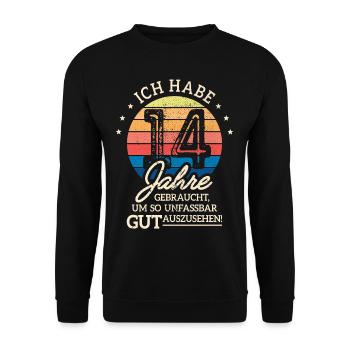 14. Geburtstag Geschenk Habe 14 Jahre Gebraucht - Unisex Pullover - Schwarz - Vorne - Alina (178cm) & Michal (187cm)