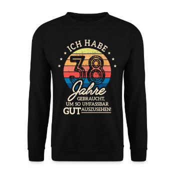 38. Geburtstag Geschenk Habe 38 Jahre Gebraucht - Unisex Pullover - Schwarz - Vorne - Alina (178cm) & Michal (187cm)