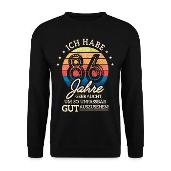 86. Geburtstag Geschenk Habe 86 Jahre Gebraucht - Unisex Pullover - Schwarz - Vorne - Alina (178cm) & Michal (187cm)