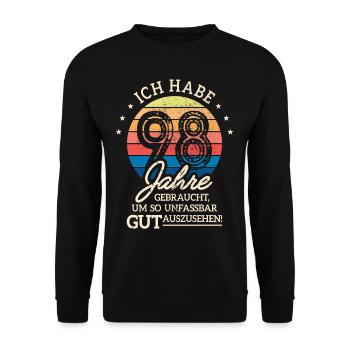 98. Geburtstag Geschenk Habe 98 Jahre Gebraucht - Unisex Pullover - Schwarz - Vorne - Alina (178cm) & Michal (187cm)