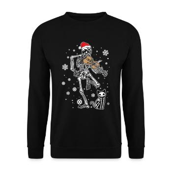 Skelett spielt Violine Katze Weihnachtsmütze - Unisex Pullover - Schwarz - Vorne - Alina (178cm) & Michal (187cm)