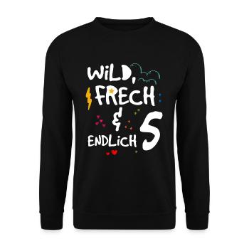 Wild Frech & endlich 5 Kindergeburtstag - Unisex Pullover - Schwarz - Vorne - Alina (178cm) & Michal (187cm)