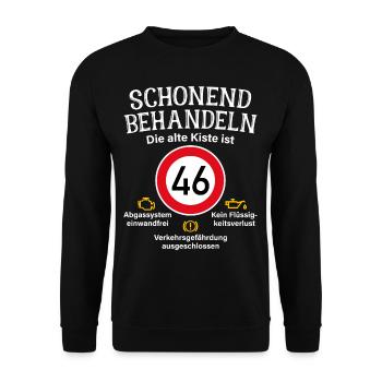 46. Geburtstag Schonend Behandeln 46 Alte Kiste 46 - Unisex Pullover - Schwarz - Vorne - Alina (178cm) & Michal (187cm)