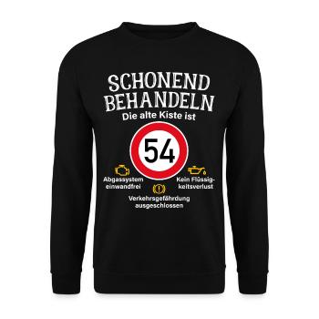 54. Geburtstag Schonend Behandeln 54 Alte Kiste 54 - Unisex Pullover - Schwarz - Vorne - Alina (178cm) & Michal (187cm)