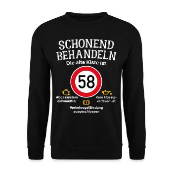 58. Geburtstag Schonend Behandeln 58 Alte Kiste 58 - Unisex Pullover - Schwarz - Vorne - Alina (178cm) & Michal (187cm)