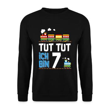 7. Geburtstag Tut Tut Eisenbahn - Unisex Pullover - Schwarz - Vorne - Alina (178cm) & Michal (187cm)