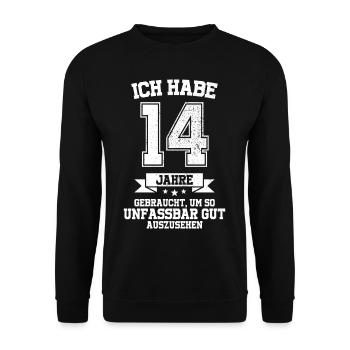 14. Geburtstag Geschenk Habe 14 Jahre Gebraucht - Unisex Pullover - Schwarz - Vorne - Alina (178cm) & Michal (187cm)