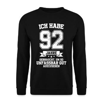 92. Geburtstag Geschenk Habe 92 Jahre Gebraucht - Unisex Pullover - Schwarz - Vorne - Alina (178cm) & Michal (187cm)