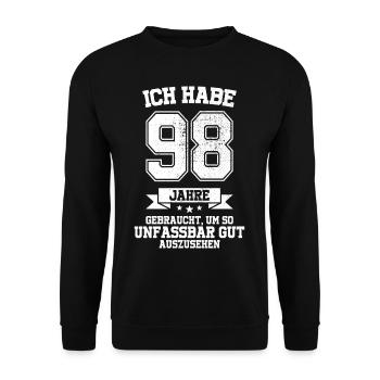 98. Geburtstag Geschenk Habe 98 Jahre Gebraucht - Unisex Pullover - Schwarz - Vorne - Alina (178cm) & Michal (187cm)